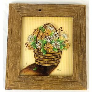 Vintage Barn Wood Framed Reverse Painted Glass Daisy Floral Basket 1975